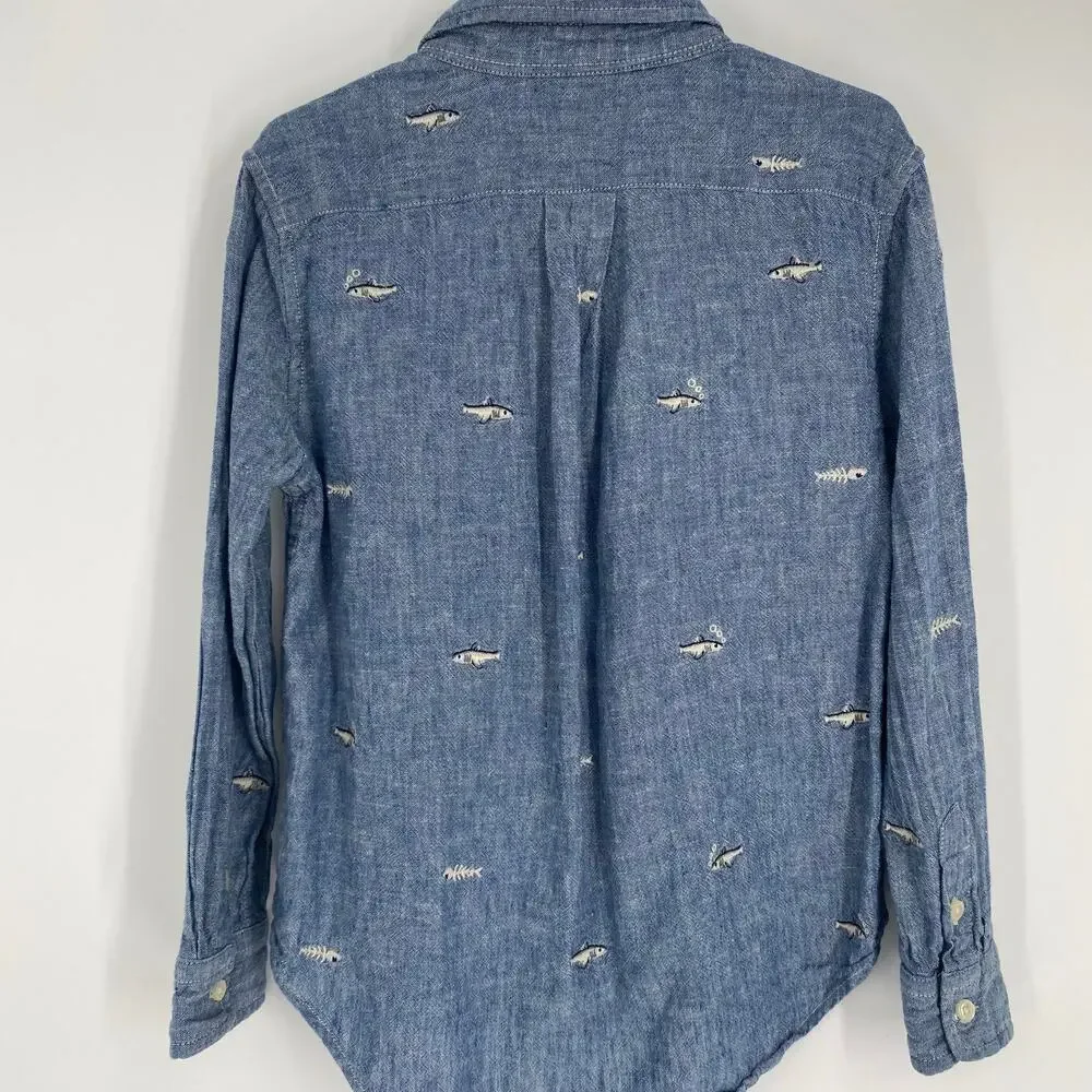 Ralph Lauren Shirt Boy 5 Blue Button Up Fish Embroidered Nautical Preppy Coastal